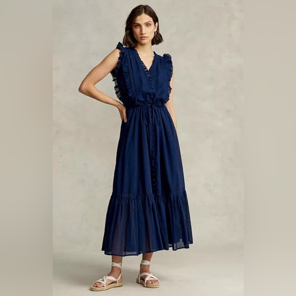 Ralph Lauren Blue Label Sleeveless Ruffled Maxi Dress 100% Cotton EUC